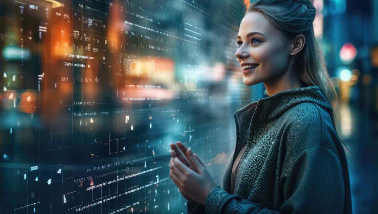 Woman smiling at a digital display