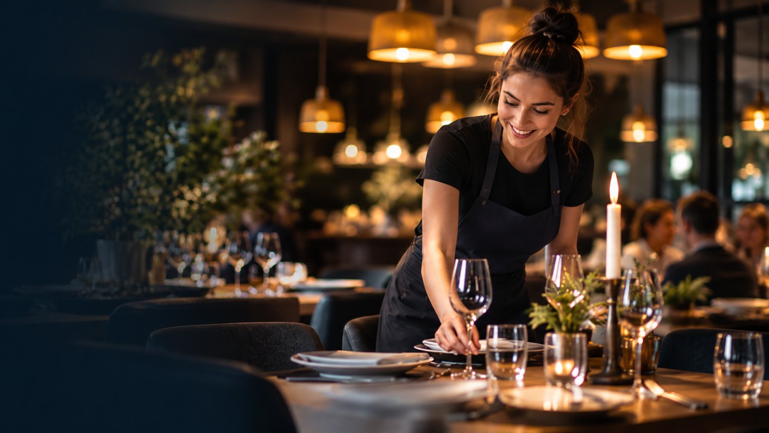 Waitress laying a table in a warmly lit restaurant
