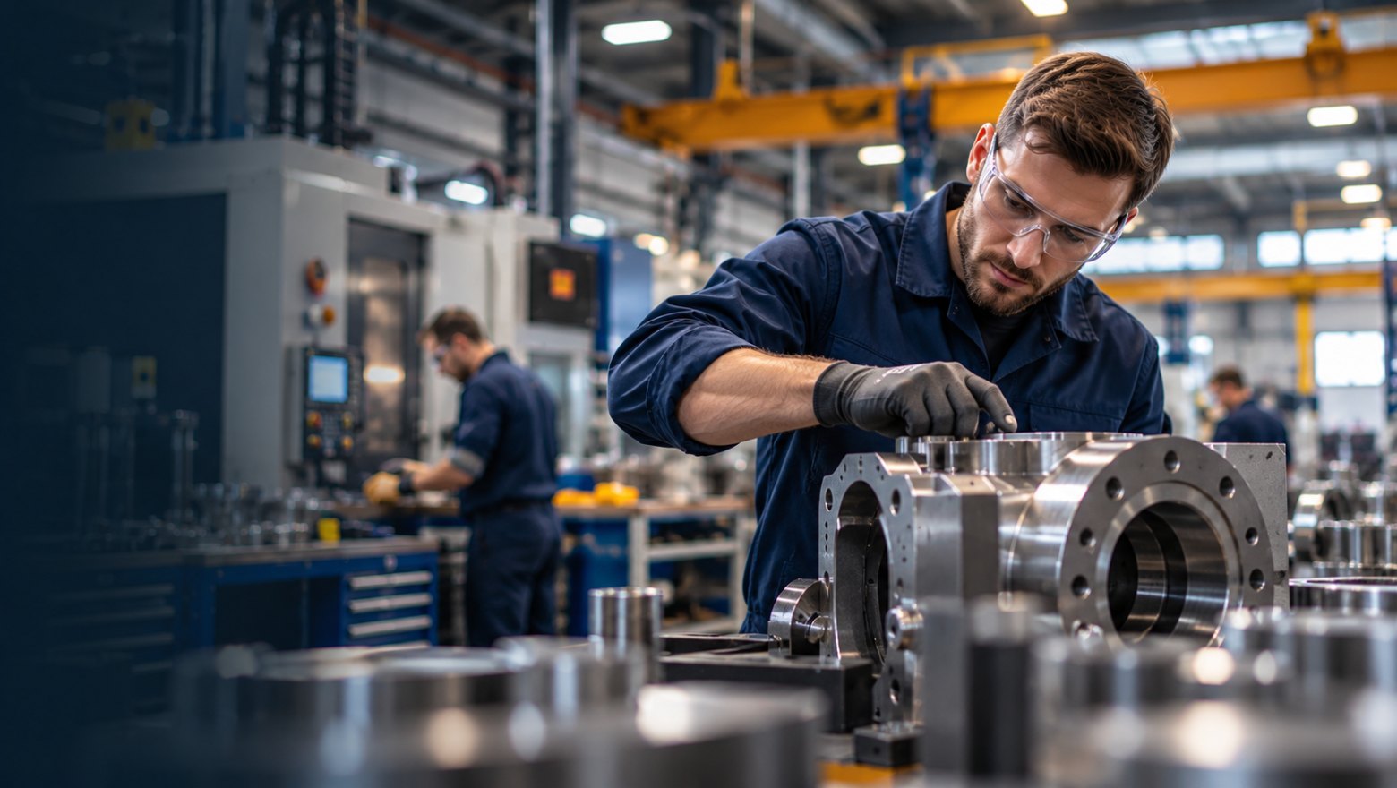 Engineer in safety glasses assembling a metal part in a factory