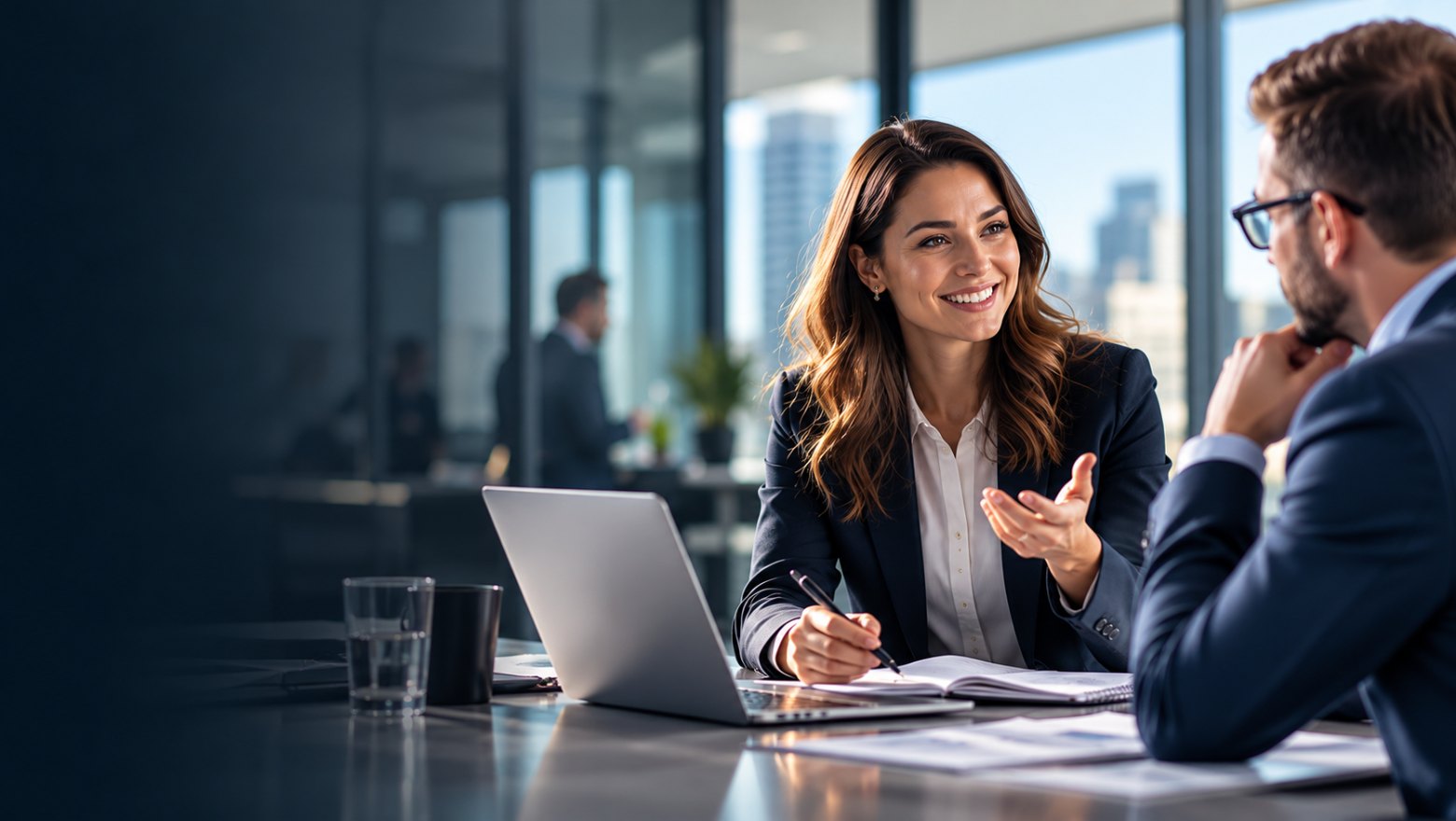 Two business people talking at a desk with a laptop