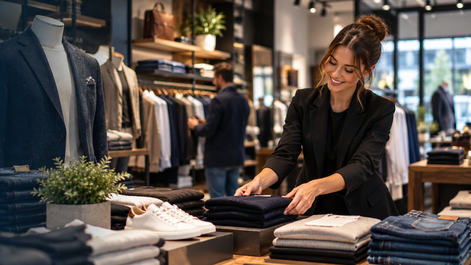 Shop assistant arranging folded knitwear in a clothing boutique