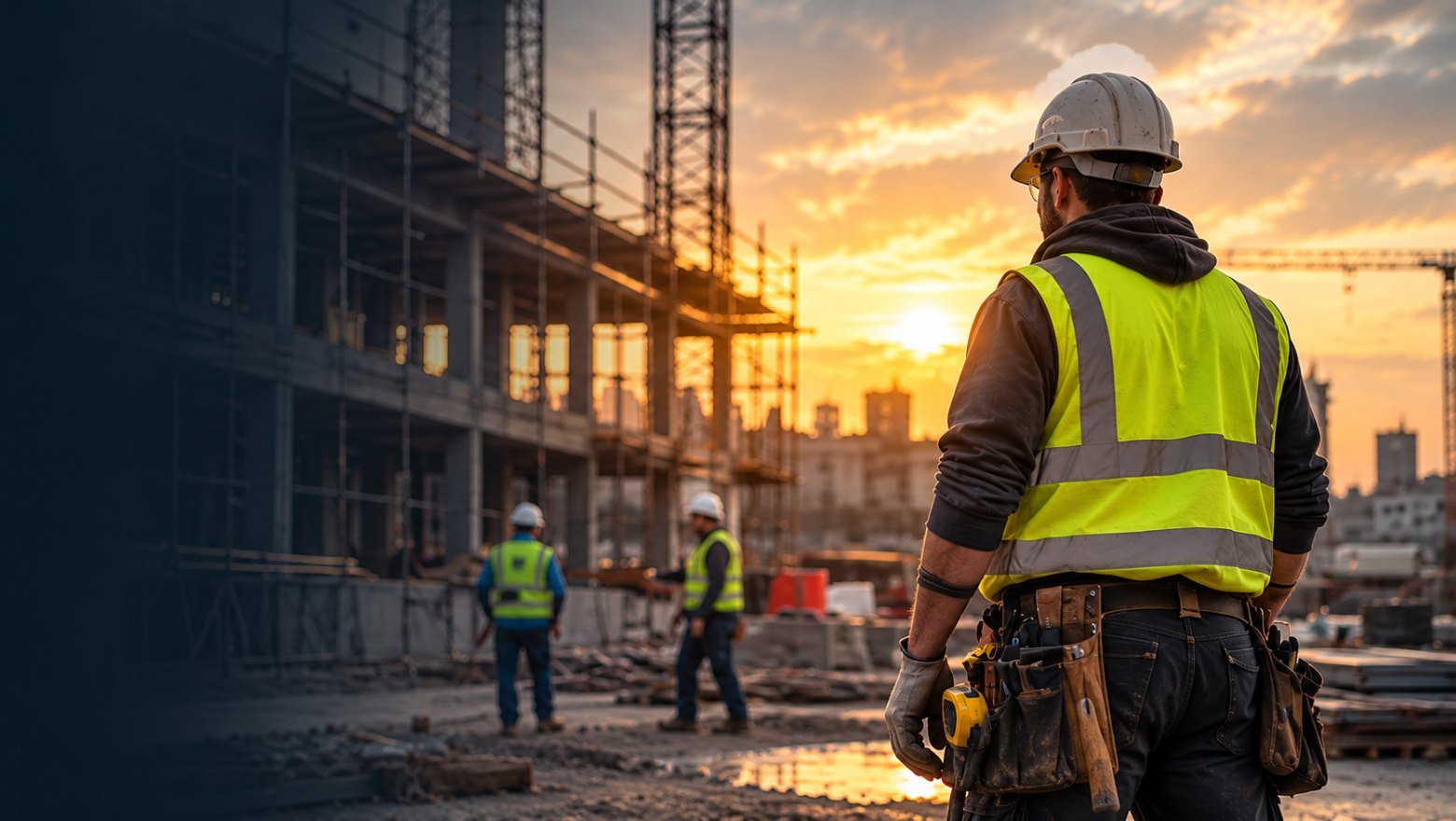Construction worker in a hard hat looking over a building site at sunset